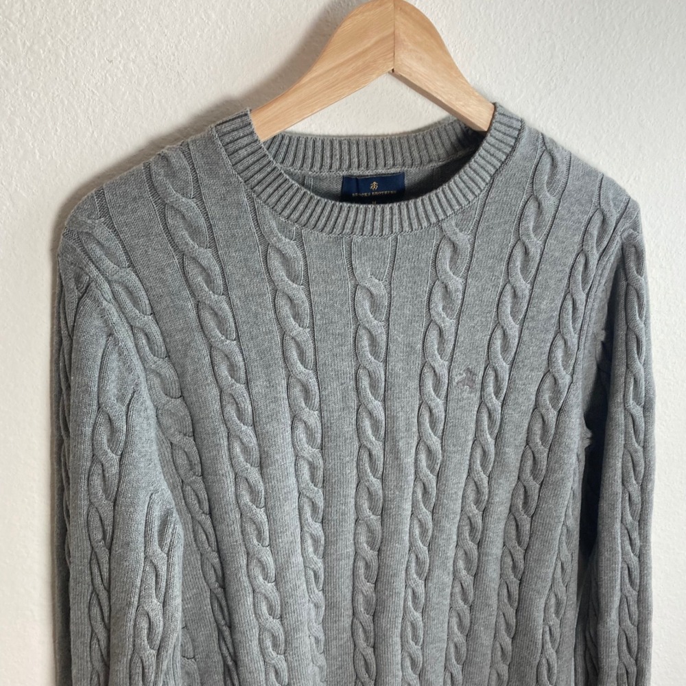 Brooks Brothers Sweater Mens Medium Grey Cable Knit Crew Neck Cotton Pullover - Picture 2 of 12